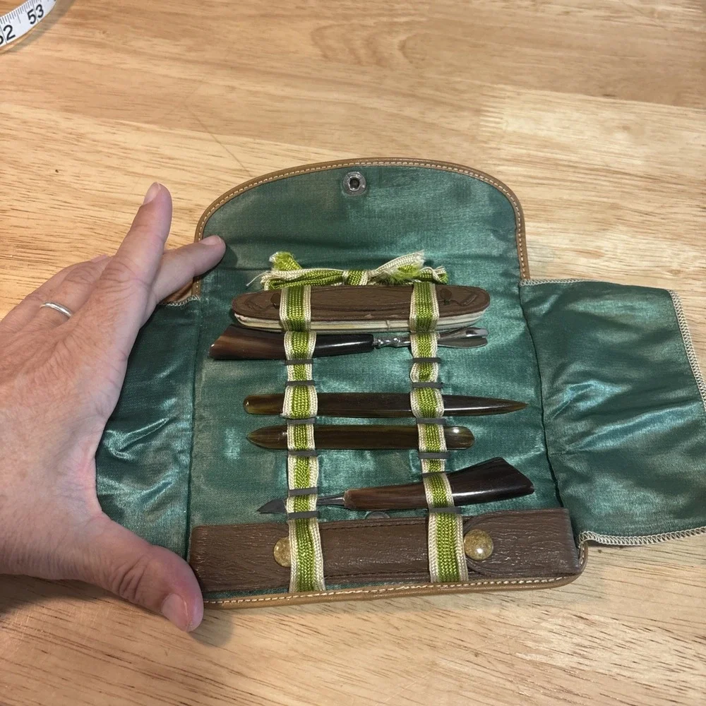 VTG Antique Celluloid Tortoiseshell Manicure Set, Green Satin Roll-Up Leather